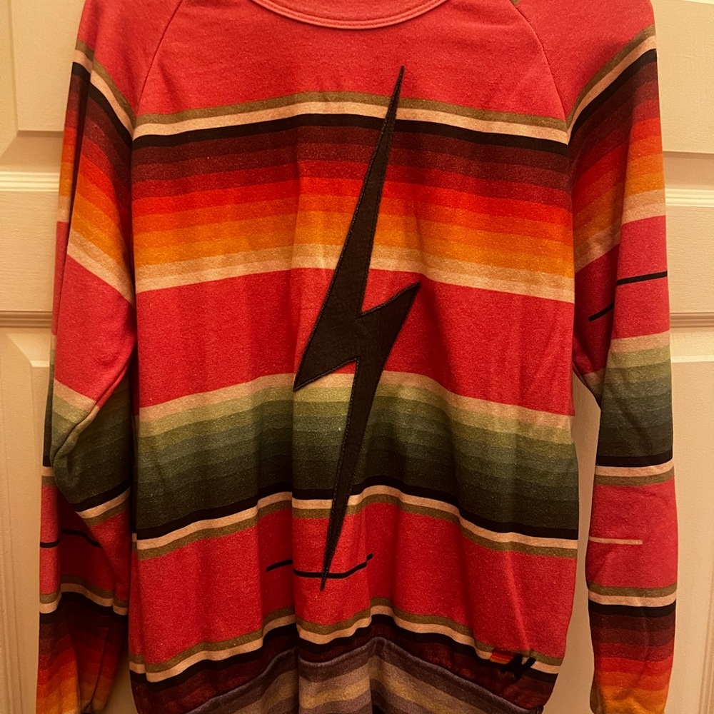 Aviator Nation Red and Orange Striped Hoodie with Lightning Bolt Design